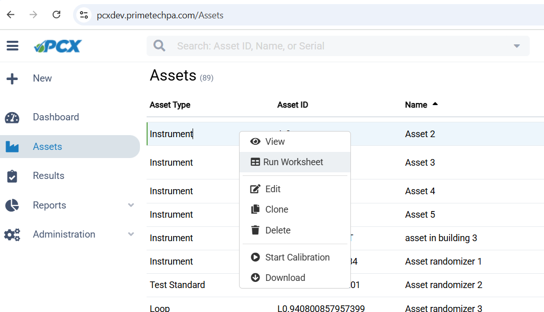 Screenshot of PCX Asset screen with Run Worksheet menu highlighted